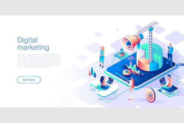 数字营销主题网站设计等距大洋岛精选概念插画 Digital Marketing Isometric Flat Concept Header