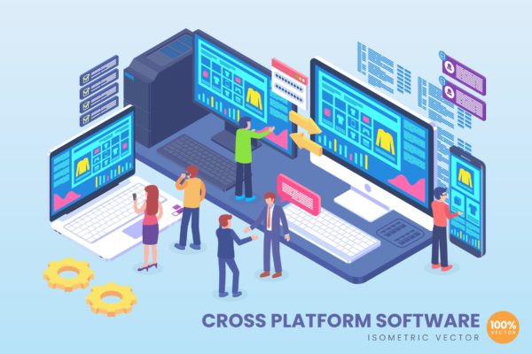 跨平台软件开发主题等距矢量大洋岛精选概念插画 Isometric Cross Platform Software Vector Concept