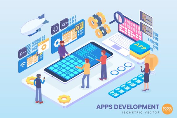 APP应用程序开发主题等距矢量大洋岛精选概念插画 Isometric Mobile Apps Development Vector Concept