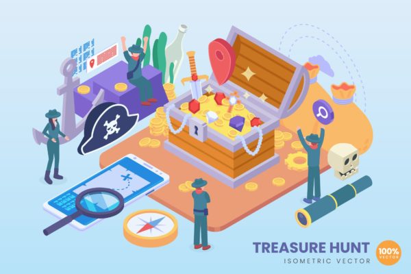 寻宝游戏乐园主题等距矢量大洋岛精选概念插画 Isometric Treasure Hunt Vector Concept