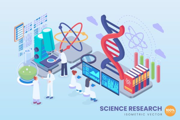 科学研究主题等距大洋岛精选概念插画 Isometric science Research Vector Concept
