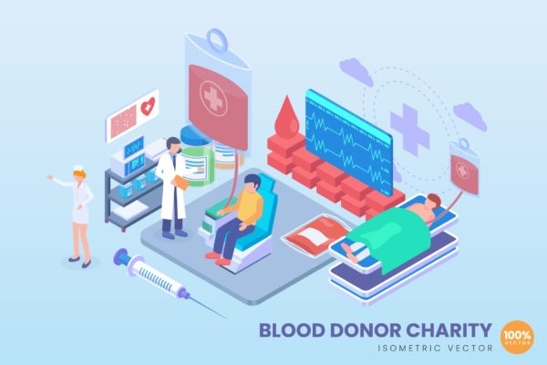 红十字会献血中心等距矢量大洋岛精选概念插画 Isometric Blood Donor Charity Vector Concept