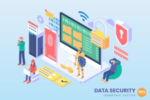 数据安全&加密主题等距矢量大洋岛精选概念插画 Isometric Data Security Vector Concept