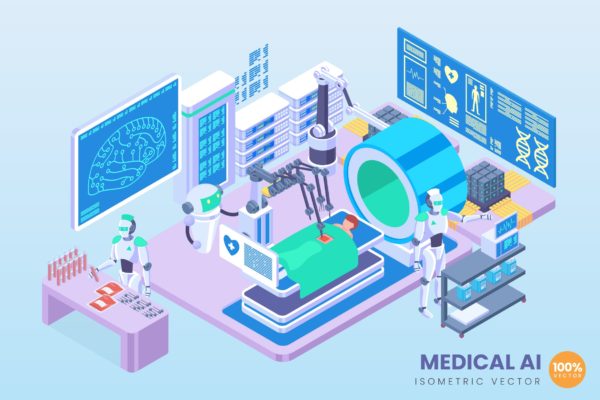 医学人工智能等距矢量插画 Isometric Medical Artificial Intelligence Vector