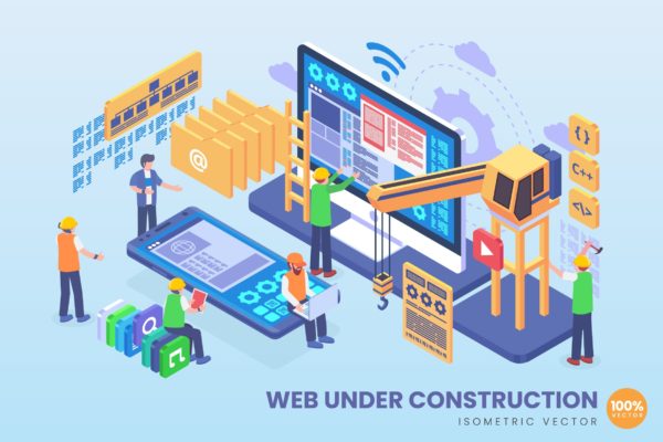 Web架构体系主题等距矢量大洋岛精选概念插画 Isometric Web Under Construction Vector Concept