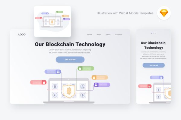 区块链技术矢量大洋岛精选概念插画 Blockchain technology illustration (Sketch, SVG)