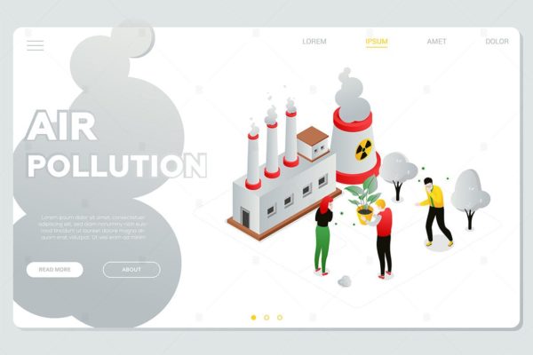 空气污染主题网站设计现代等距大洋岛精选概念插画 Air pollution – colorful isometric web banner