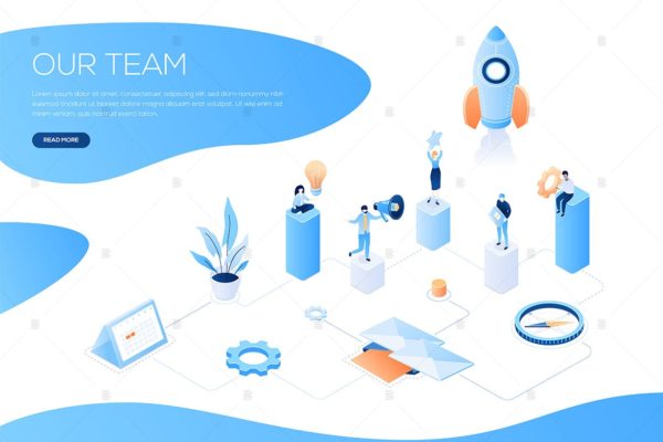 我们的团队主题网站设计现代等距大洋岛精选概念插画 Our team – colorful isometric web banner