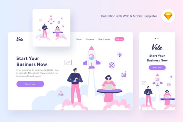 项目启动/企业发展矢量大洋岛精选概念插画 Vela startup illustration (Sketch, SVG)