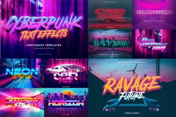 80年代网络朋克设计风格海报标题字体特效PSD模板 Cyberpunk 80s Text Effects