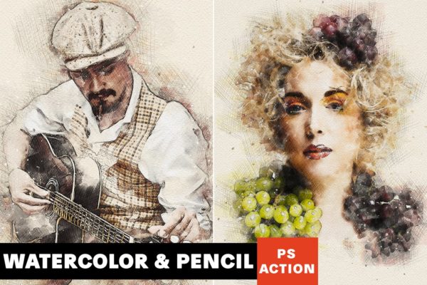 水彩/铅笔阴影素描艺术效果大洋岛精选PS动作 Watercolor & Pencil Photoshop Action