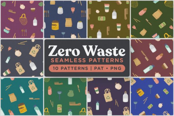环保餐具环保主义主题无缝图案背景大洋岛精选 Zero Waste Seamless Patterns