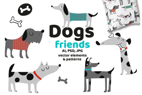 可爱卡通动物手绘图案背景大洋岛精选 Dogs Friends