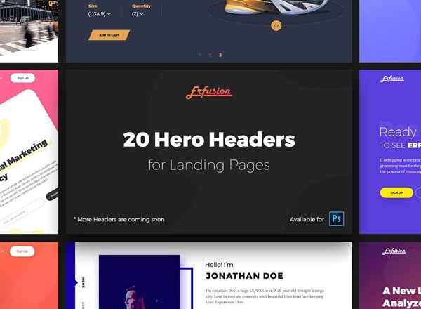 网站巨无霸 Header 模板大洋岛精选素材 Erfusion – 20 Hero Headers UI Kit