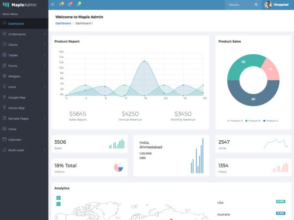 开放源码 WebApp 管理仪表板/管理面板HTML模板大洋岛精选 Maple Admin Template – Bootstrap Admin Template