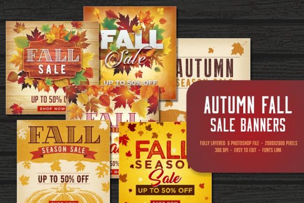 秋天枫叶背景促销广告Banner模板大洋岛精选 Autumn Fall Sale Banners