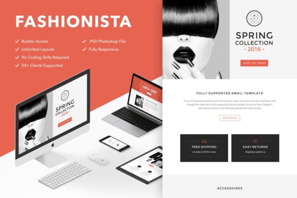 时尚美容行业EDM邮件促销HTML模板大洋岛精选 Fashionista – Responsive + Themebuilder Access