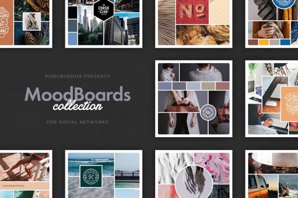 拼图风格社交媒体插图模板大洋岛精选 Mood Boards Social Media Collection