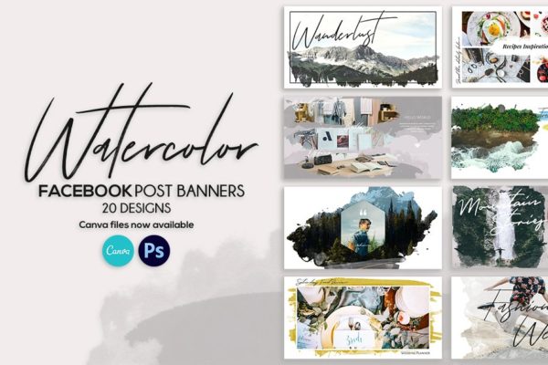 Facebook社交媒体帖子Banner广告水彩画背景叠层缩略图 Facebook社交媒体帖子Banner广告水彩画背景叠层