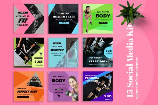 健身品牌社交媒体广告模板大洋岛精选合集 Bent – Gym Social Media Kit缩略图 健身品牌社交媒体广告模板大洋岛精选合集 Bent – Gym Social Media Kit