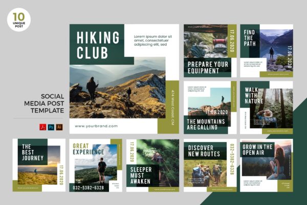 徒步俱乐部主题社交媒体设计素材包 Hiking Club Social Media Kit PSD & AI缩略图 徒步俱乐部主题社交媒体设计素材包 Hiking Club Social Media Kit PSD & AI