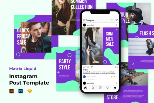 孟菲斯液体设计风格Instagram社交平台设计素材 Instagram Templates