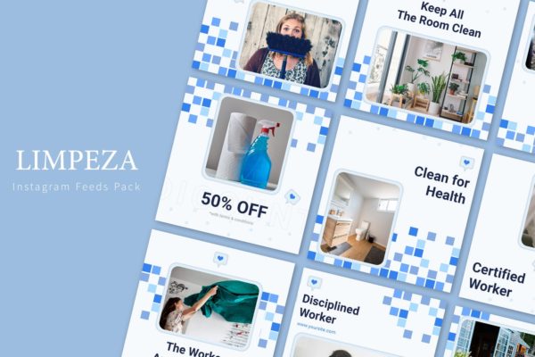 蓝色小方格背景Instagram信息流贴图设计模板大洋岛精选 Limpeza – Instagram Feeds Pack