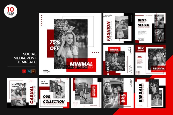 城市时尚服饰品牌推广社交媒体PSD&AI模板大洋岛精选 Urban Fashion Social Media Kit PSD & AI Template