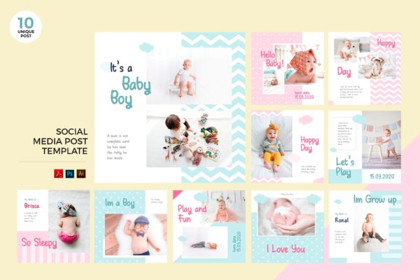 新生儿＆婴儿品牌推广社交媒体PSD＆AI模板大洋岛精选 Newborn Baby Social Media Kit PSD & AI Template