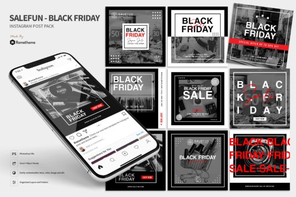 黑色星期五促销活动广告Instagram贴图设计模板大洋岛精选 Salefun – Black Friday Promotion Instagram Post HR
