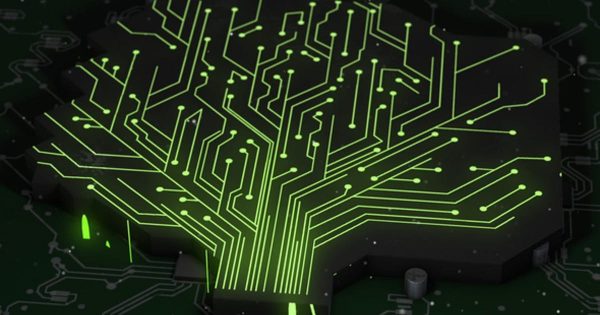 人工智能电子电路板数字树形支路激光印刷动态视频素材 Electronic Circuit Board With Artificial Intelligence & Digital Tree Branch in Printed Circuit Board
