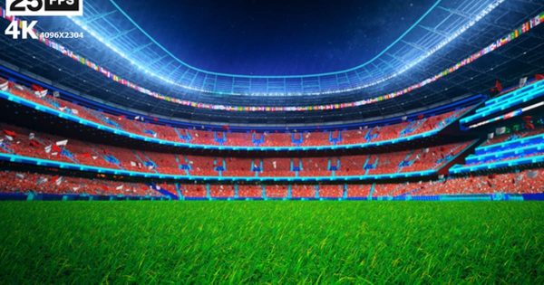红色队服足球场草坪夜景4K大洋岛精选高清背景视频 Red Flying On Grass In Stadium Night