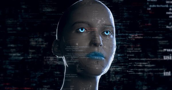 仿真机器人智能阅读编程代码大洋岛精选高清背景视频 Humanoid Android Robot With Artificial Intelligence Reading Programming Codes