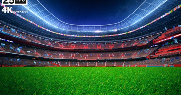 足球场绿茵草坪夜景4K大洋岛精选高清背景视频 Flying On Grass In Stadium Night 4K