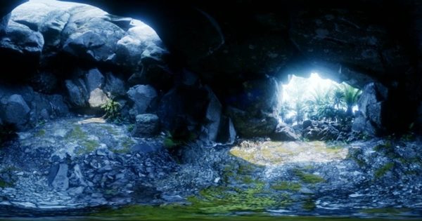 岩洞360度VR视频素材 VR 360 Camera Moving Inside Tropical Cave in Jungle with Palms and Sun Light