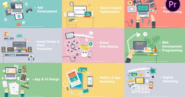 15个设计师和工程师插画场景动画大洋岛精选PR模板 Creative Process – Flat Design Concepts for Premiere