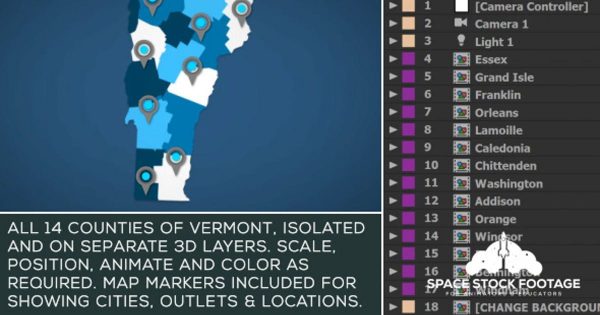 佛蒙特州地图位置动画AE视频模板 Vermont Map Kit