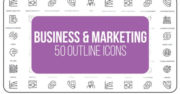 50枚市场营销&商业主题视频动画线条图标 Marketing and Business – 50 Thin Line Icons