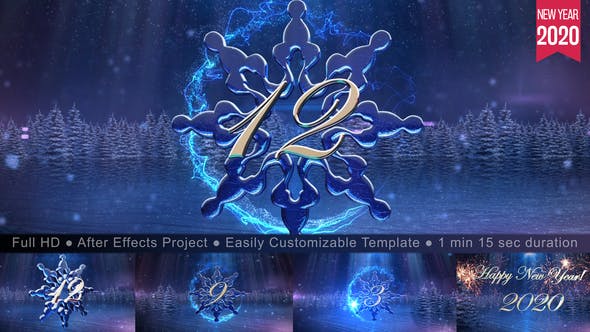 2020年创意雪花冰雕倒计时动画特效片头视频素材大洋岛精选AE模板 New Year Snowflake Countdown 2020