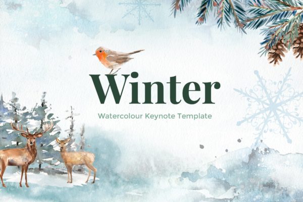 冬天主题水彩手绘元素蚂蚁素材精选Keynote模板 Winter – Watercolour Keynote Template