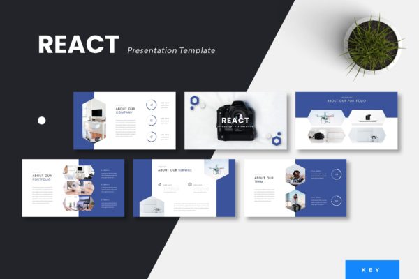 科技蓝配色风格企业推介蚂蚁素材精选Keynote模板模板 React – Technology Keynote Presentation Template
