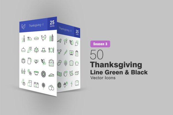50枚感恩节主题绿黑配色矢量线性第一素材精选图标 50 Thanksgiving Line Green & Black Icons