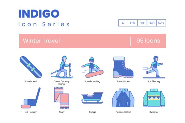95枚靛蓝配色冬季旅行主题矢量第一素材精选图标合集 95 Winter Travel Icons | Indigo Series