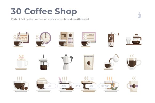 30枚咖啡/咖啡店扁平设计风格矢量第一素材精选图标素材 30 Coffee Shop Icons – Flat