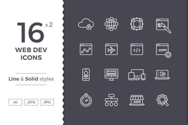 16枚网站开发主题矢量线性＆Solid蚂蚁素材精选图标 Web Development Icons