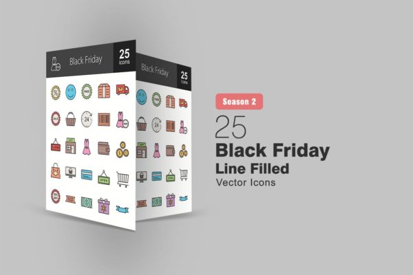 25枚黑色星期五主题填充线性第一素材精选图标 25 Black Friday Filled Line Icons