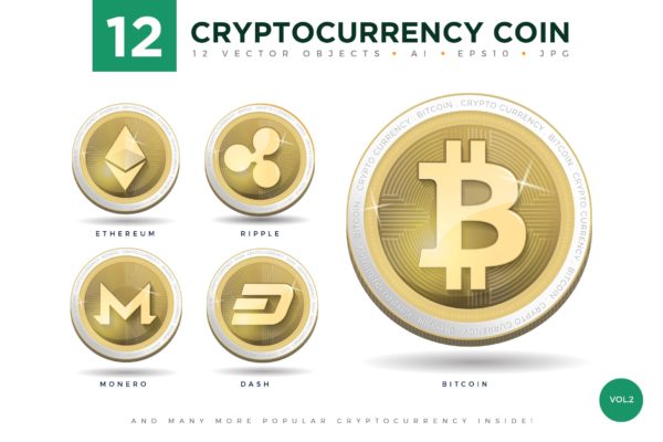 12枚加密货币主题硬币形状矢量第一素材精选图标合集v2 12 Crypto Currency Coin Vector Illustration Set 2