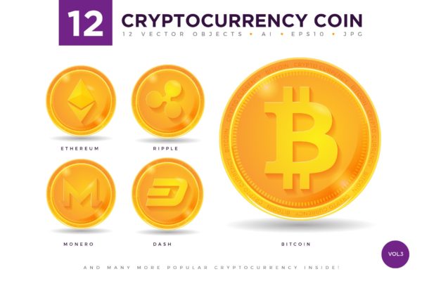 12枚加密货币主题硬币形状矢量蚂蚁素材精选图标合集v3 12 Crypto Currency Coin Vector Illustration Set 3