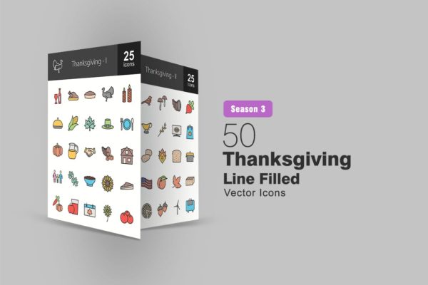 50枚感恩节颜色填充线性第一素材精选图标素材 50 Thanksgiving Filled Line Icons