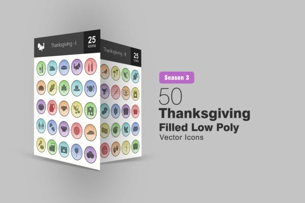 50枚感恩节主题圆形第一素材精选图标素材 50 Thanksgiving Filled Low Poly Icons